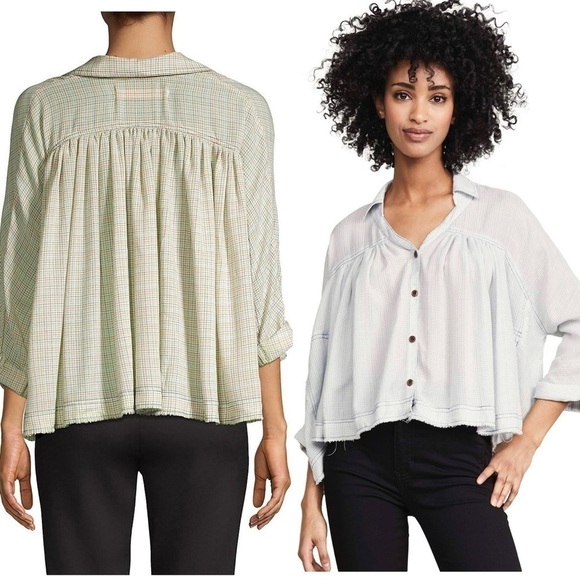 NWT FREE PEOPLE Rainbow Plaid Oversized Button Up Pleated Cropped Prairie Top S - Picture 3 of 13